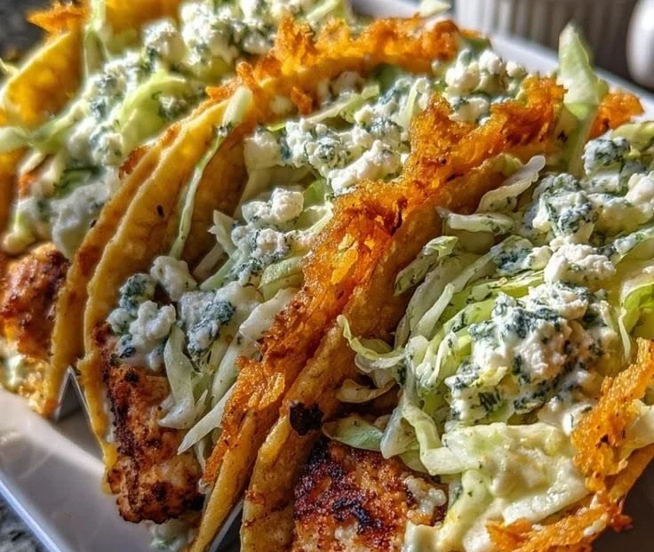 Dill Pickle Ranch Smash Chicken Tacos garnished and ready to serve