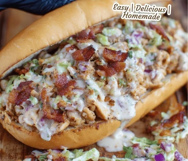 Delicious easy chopped chicken bacon ranch sandwich with toppings