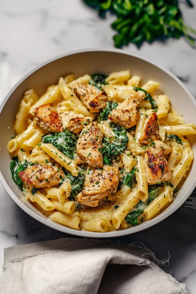 Delicious garlic parmesan chicken pasta served in a white bowl