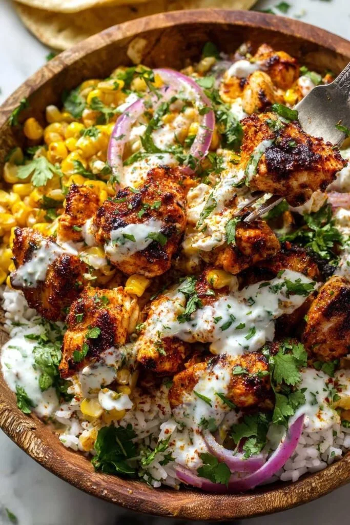 Delicious Easy Street Corn Chicken Bowl topped with fresh ingredients