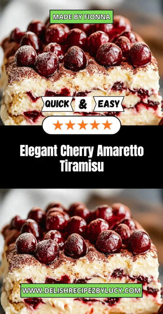 Elegant Cherry Amaretto Tiramisu dessert served in a glass with cherries on top