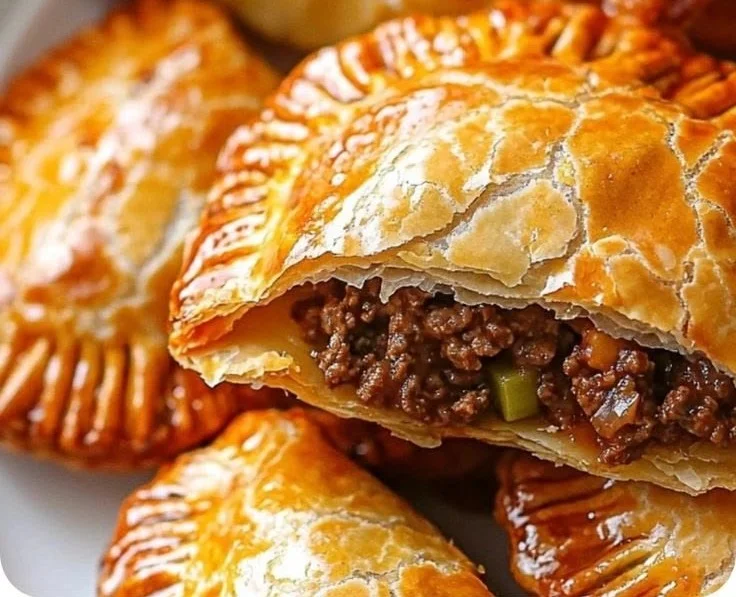 Golden-brown empanadas made with puff pastry, filled with savory ingredients.
