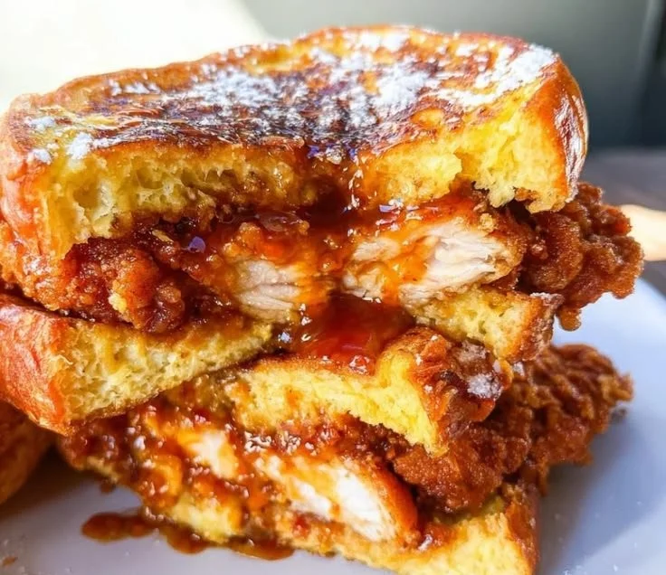 Delicious French Toast Fried Chicken Sandwich with syrup and garnish