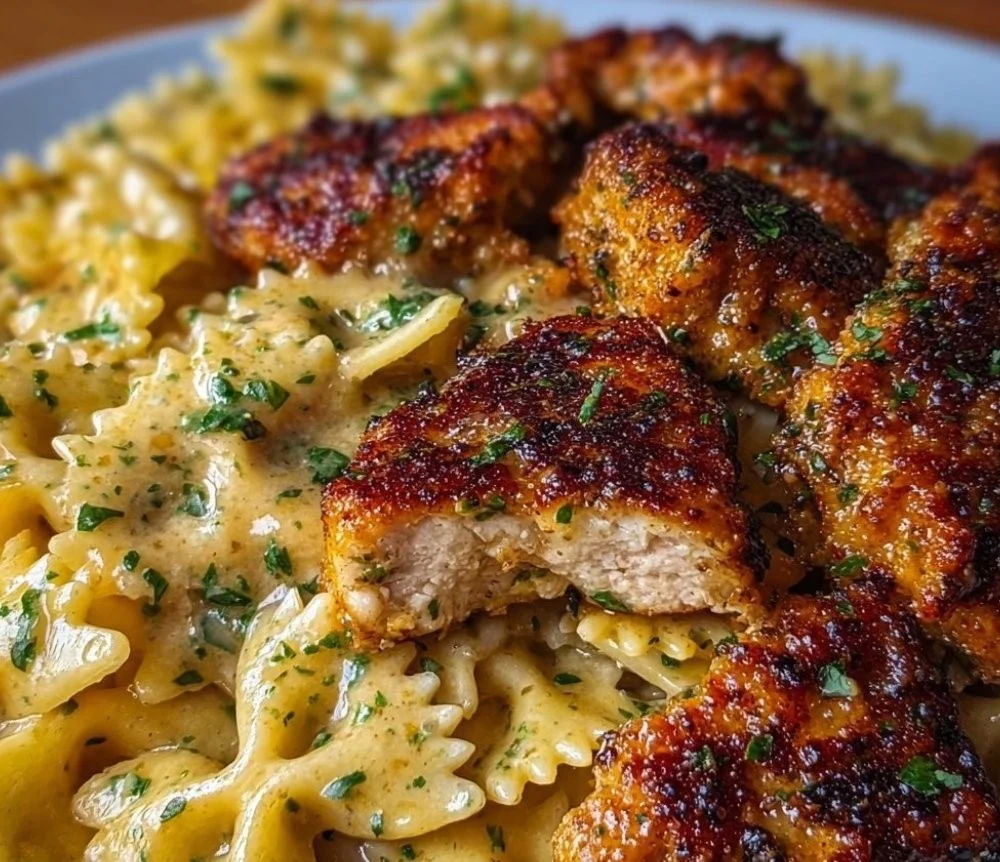 Delicious Garlic Butter Chicken Bowtie Pasta with fresh herbs and cheese