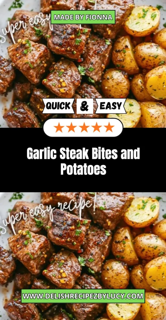 Delicious garlic steak bites served with seasoned potatoes