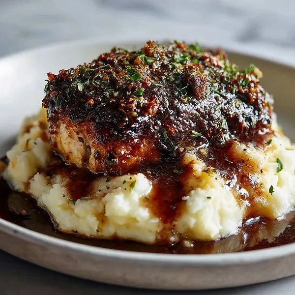 Glazed garlic herb chicken breast on creamy mashed potatoes with pan sauce