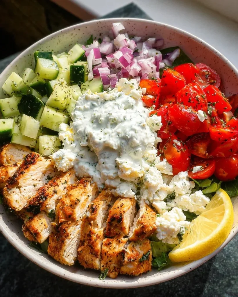 Greek Chicken Bowls with fresh vegetables and zesty dressing