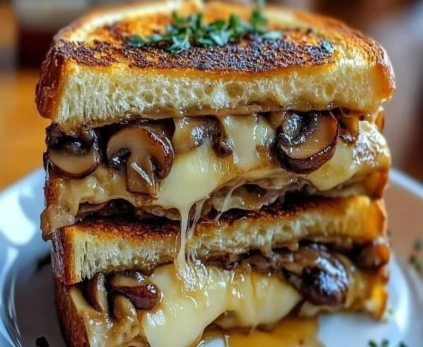 Gourmet grilled cheese sandwich with Gouda cheese, roasted mushrooms, and onions
