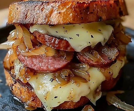 Grilled kielbasa sandwiches served with sweet onions, perfect for summer barbecues.