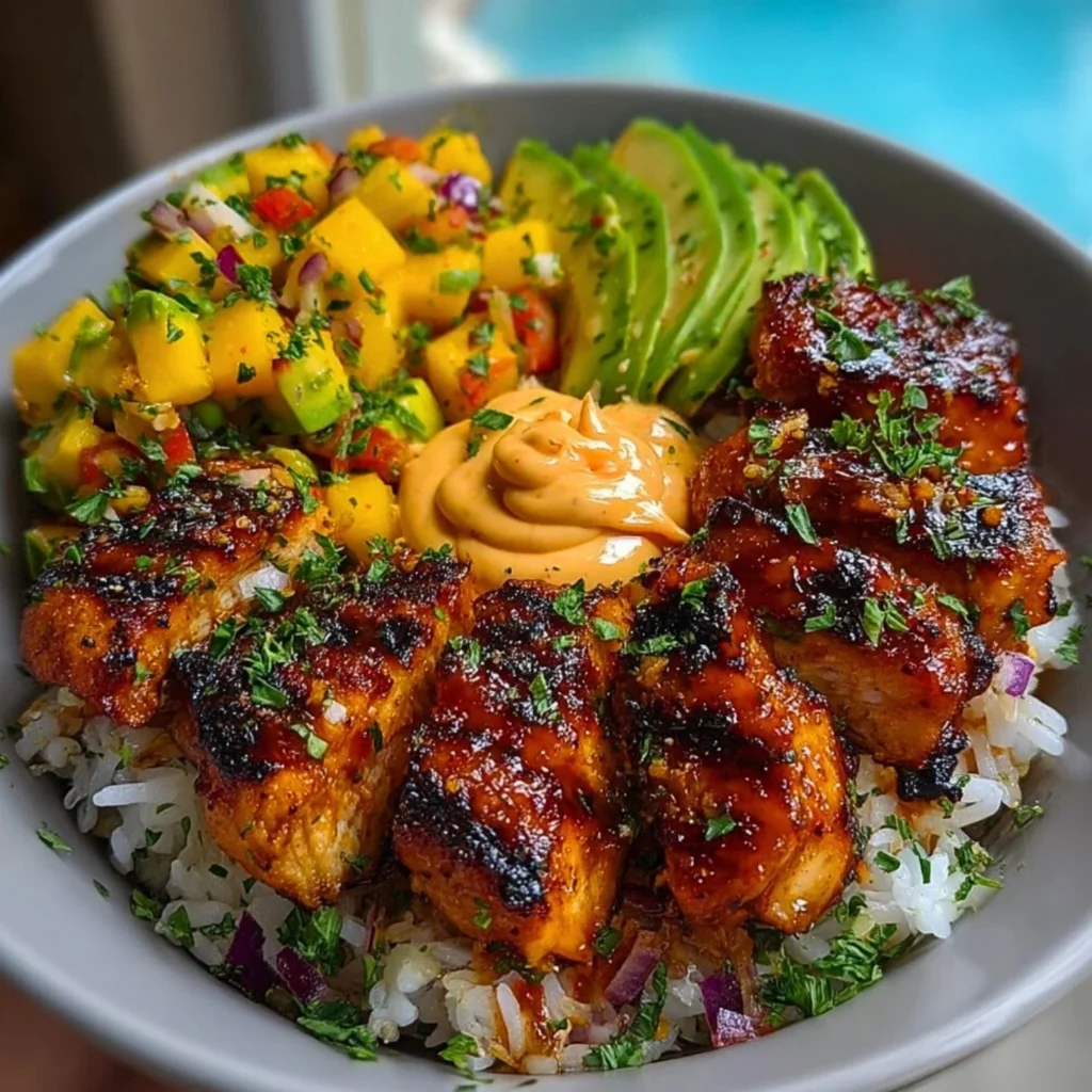 Grilled maple sriracha chicken bites served with coconut rice and mango avocado salsa