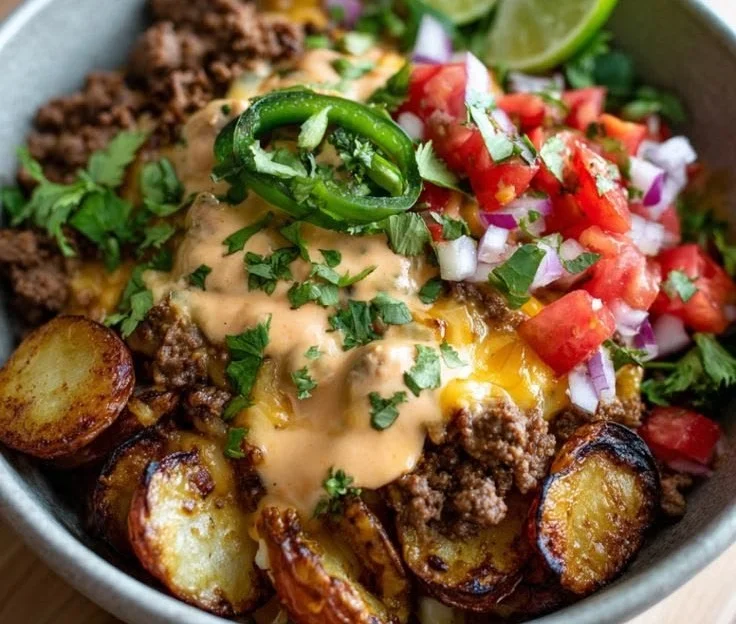 Ground Beef and Potato Taco Bowl served in a colorful dish with fresh toppings.