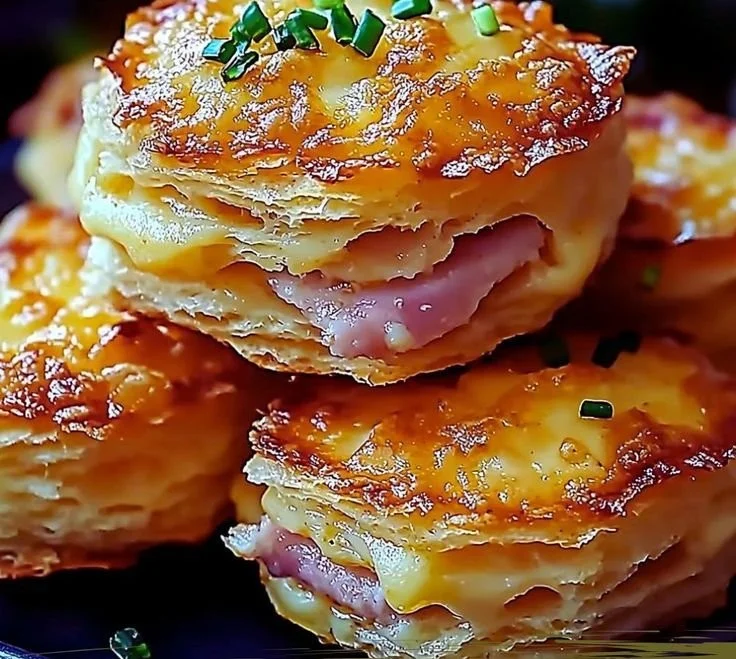 Freshly baked ham and cheese biscuit on a wooden table