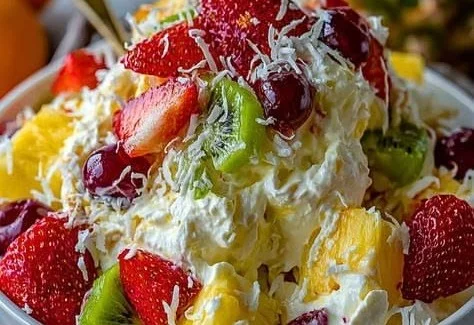 Delicious Hawaiian cheesecake salad with fresh tropical ingredients