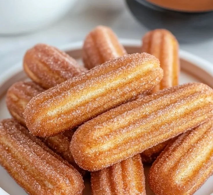 Healthy baked churro bites served on a plate, dusted with cinnamon sugar