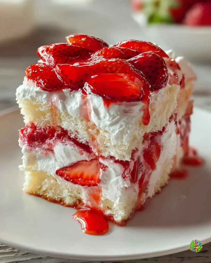 A slice of Heaven on Earth Cake with rich layers of cream and fruit.