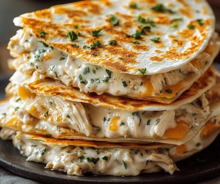 High-protein chicken ranch quesadilla with melted cheese and fresh ingredients