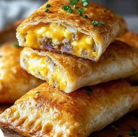 Homemade breakfast hot pockets filled with egg, cheese, and sausage
