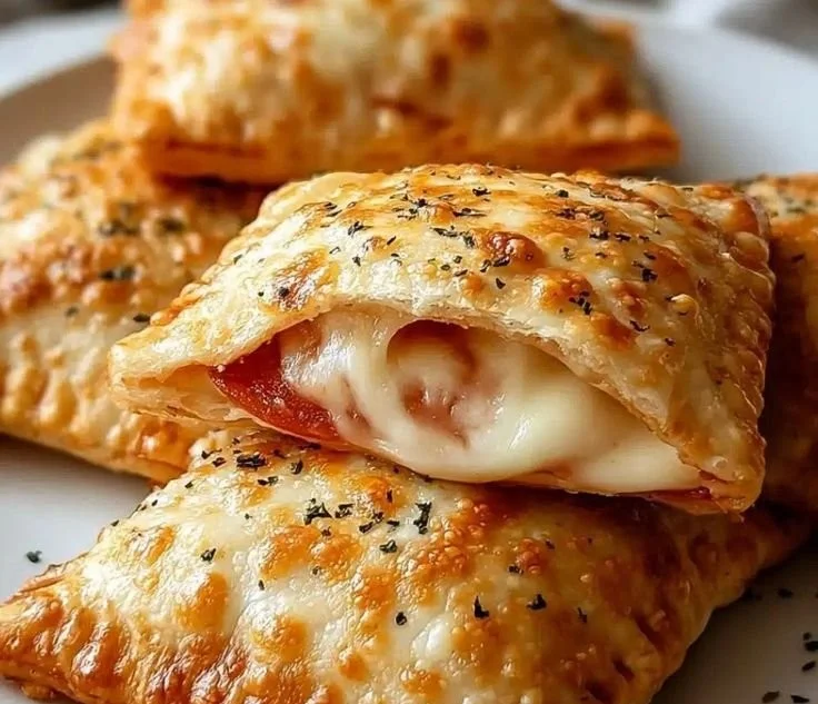 Homemade cheesy pizza pockets fresh out of the oven, topped with melted cheese.