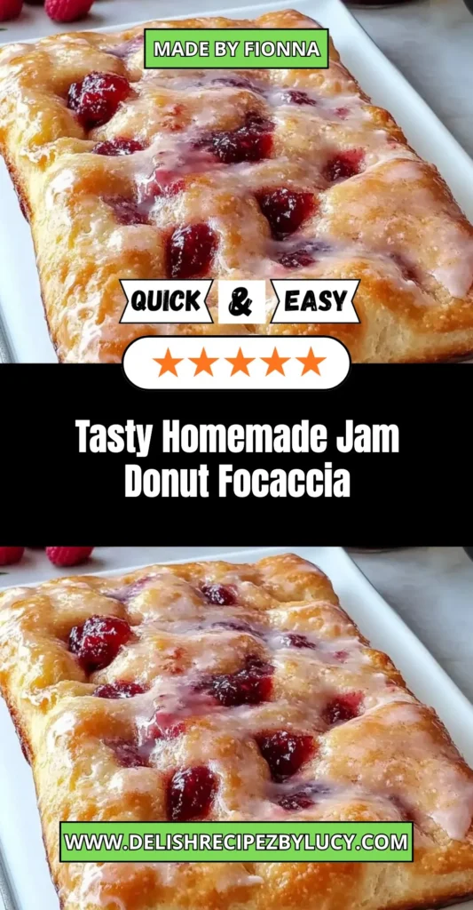 Homemade jam donut focaccia topped with jam and powdered sugar