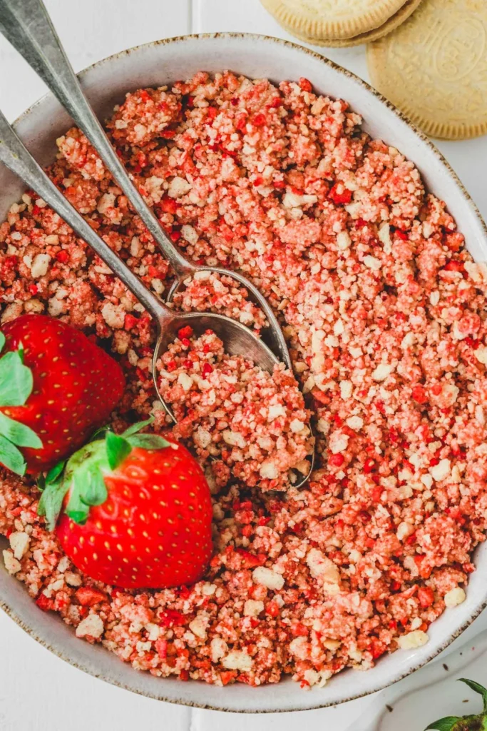 Bowl of homemade strawberry crunch topping with strawberries and crumbs