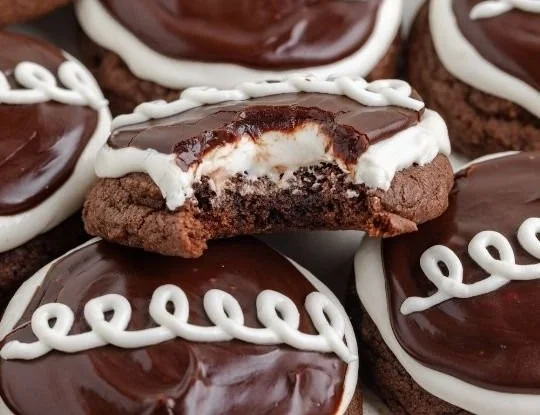 Delicious Hostess Cupcake Cookies with chocolate frosting and cream filling.