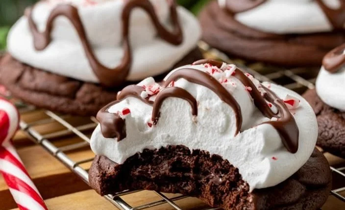 Hot cocoa cookies topped with fluffy marshmallow frosting on a white plate