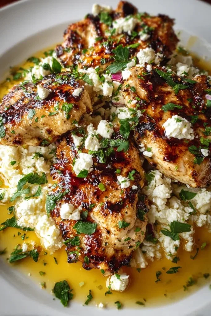 Hot Honey Feta Chicken garnished with fresh herbs and drizzled with spicy honey