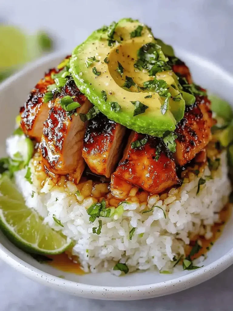 Honey lime chicken served with avocado rice stack on a plate