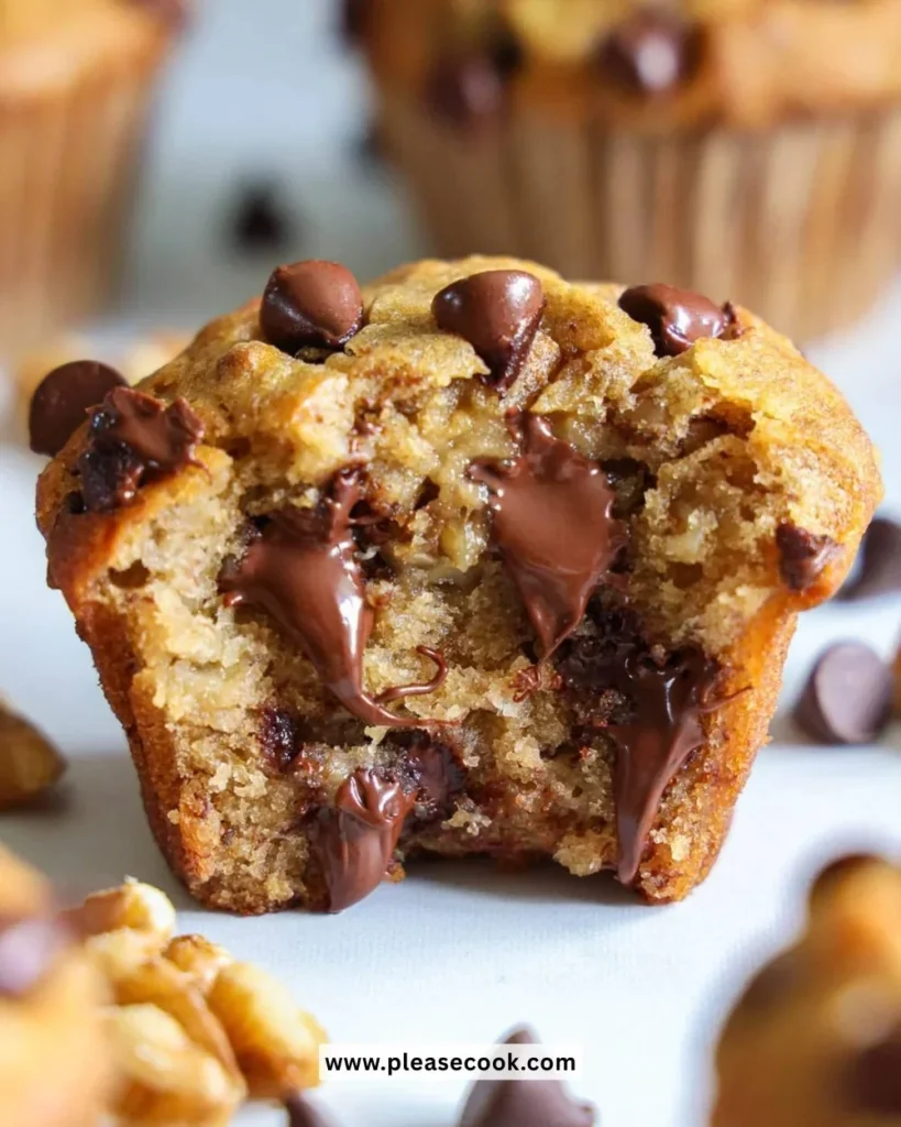 Irresistibly soft banana chocolate chip muffins on a baking tray