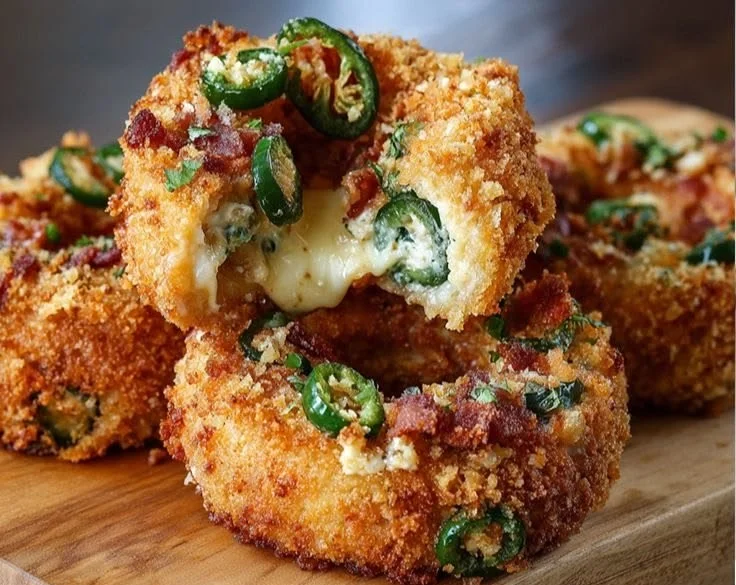 Jalapeño popper stuffed onion rings resting on a plate, garnished and ready to eat.