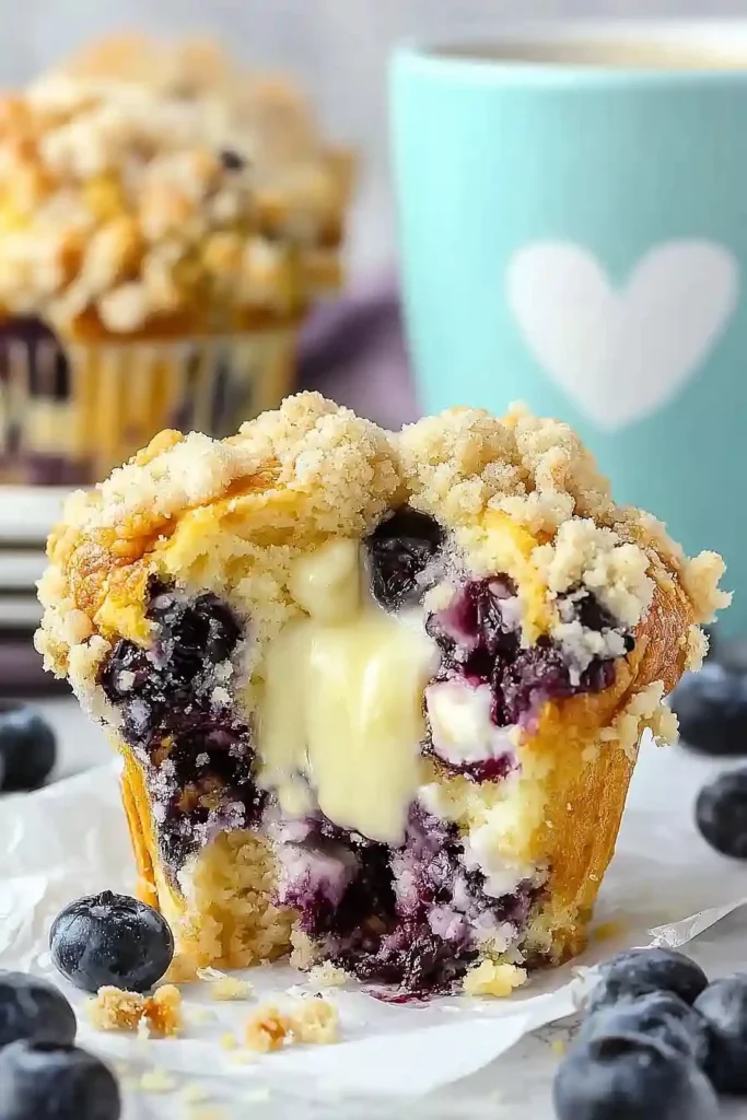 Juicy blueberry cream cheese muffins fresh out of the oven