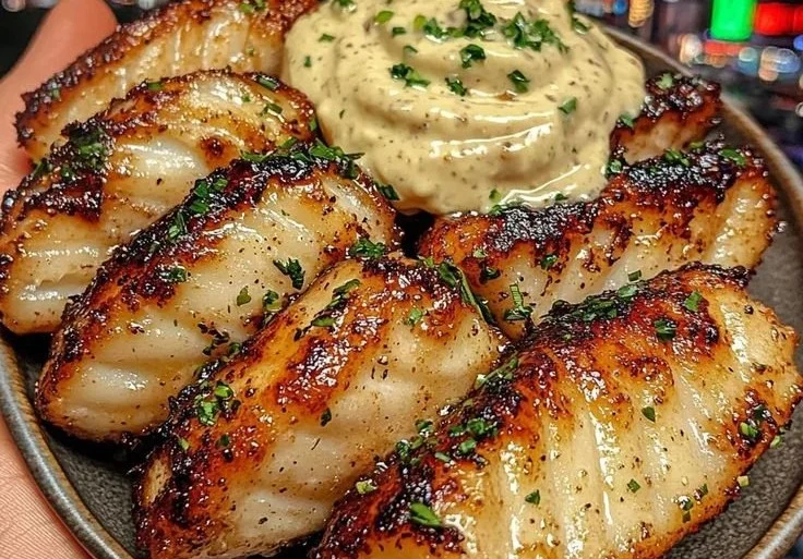 Lemon butter fish bites served with garlic aioli on a plate