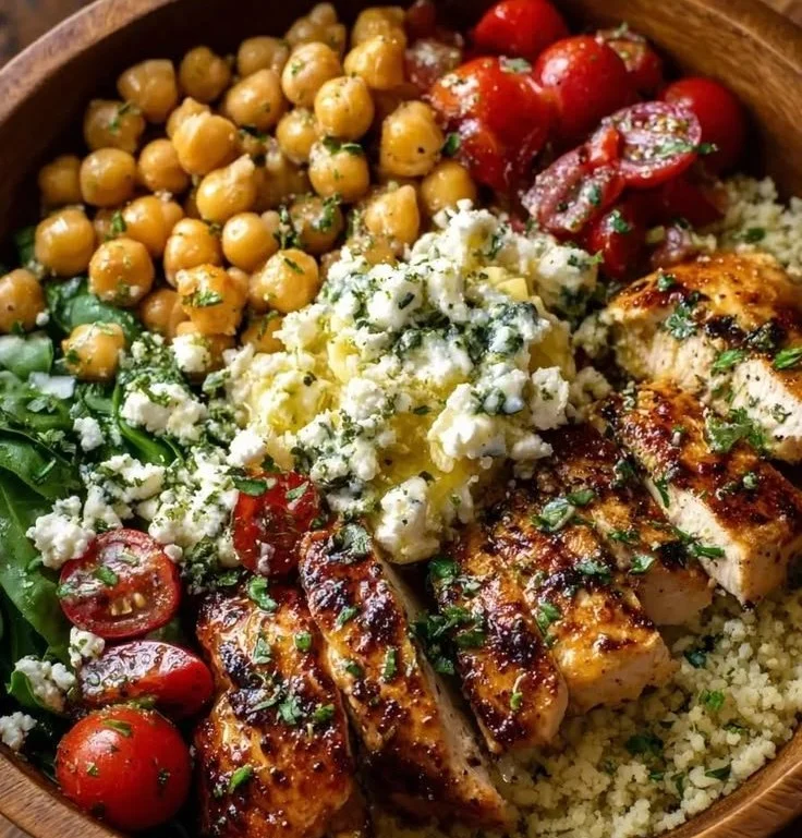 Lemon-Herb Chicken Bowl topped with chickpeas and feta cheese