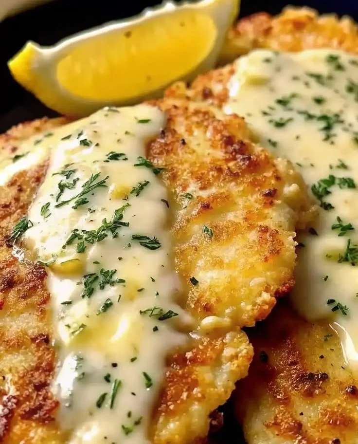 Lemon Pecorino Chicken topped with creamy lemon sauce on a plate