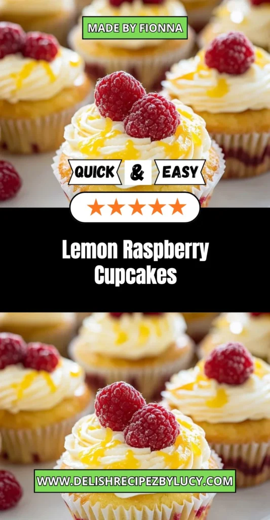 Lemon Raspberry Cupcakes with vibrant frosting and fresh raspberries on top.