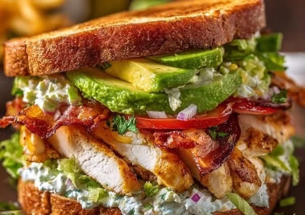 Loaded chicken club sandwich with crispy bacon and avocado ranch spread