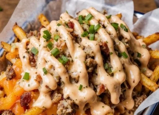Plate of Loaded Dirty Fries topped with cheese, bacon, and sauces
