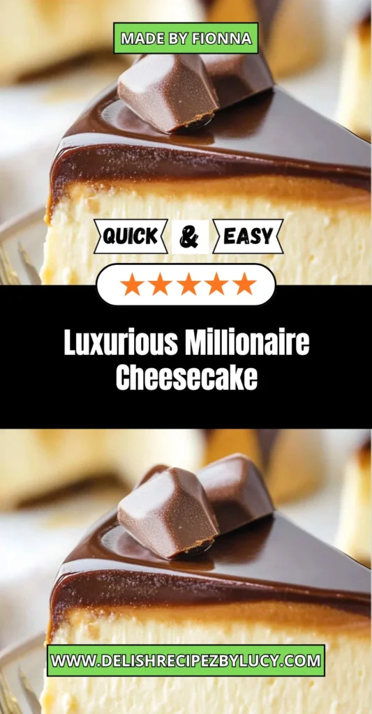 Slice of Luxurious Millionaire Cheesecake on a plate adorned with chocolate drizzle