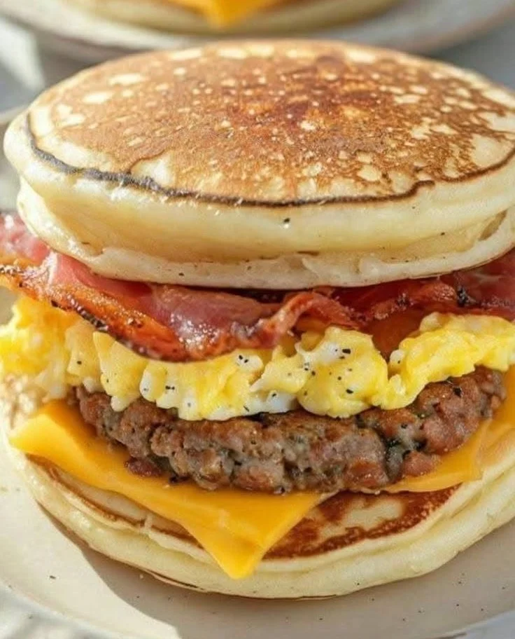 Maple Bacon Waffle Burger with crispy bacon and maple syrup on a golden waffle