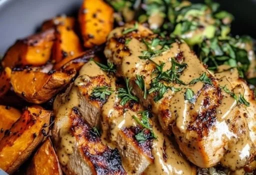 Maple Dijon Chicken served on a bed of sweet potato and fresh vegetables in a bowl.