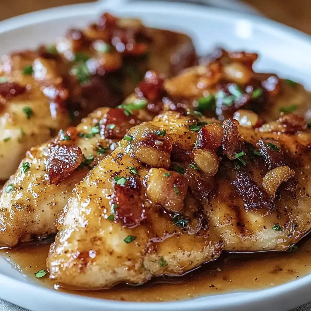 Plate of Maple Garlic Bacon Chicken garnished with herbs