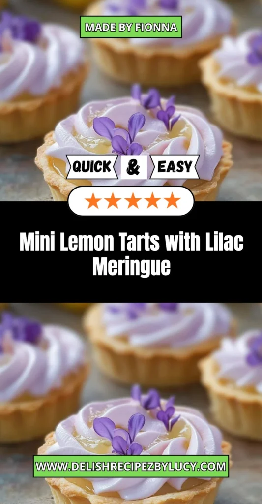 Mini lemon tarts with lilac meringue, showcasing a vibrant dessert creation.