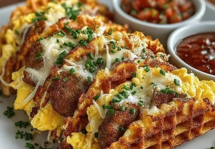Mini sausage and egg waffle tacos served on a plate