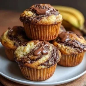 Delicious Nutella banana muffins with a swirl of Nutella and slices of banana.