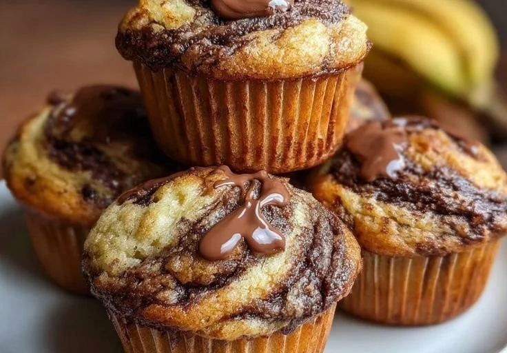 Freshly baked Nutella banana muffins with swirls of Nutella on top
