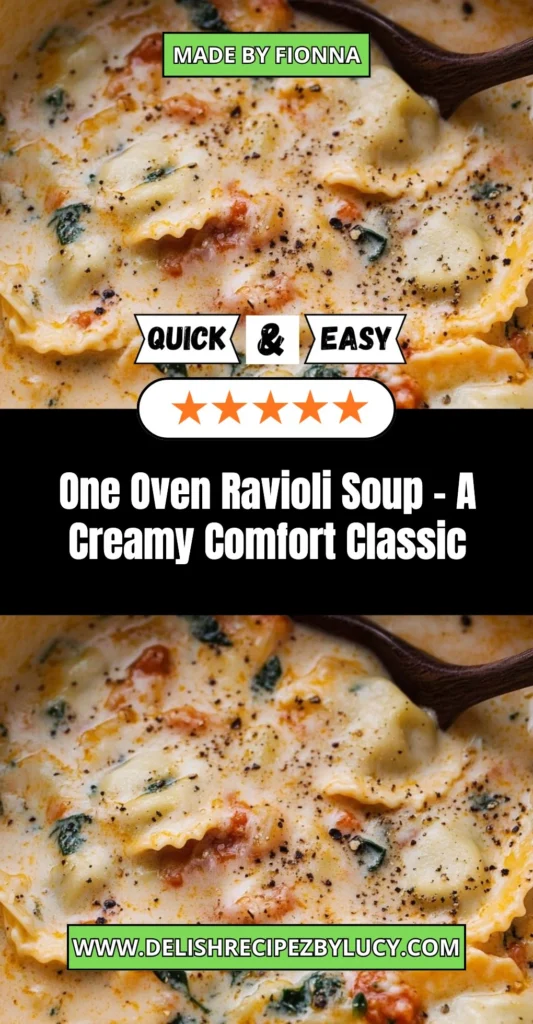 Creamy one oven ravioli soup in a bowl served with fresh herbs