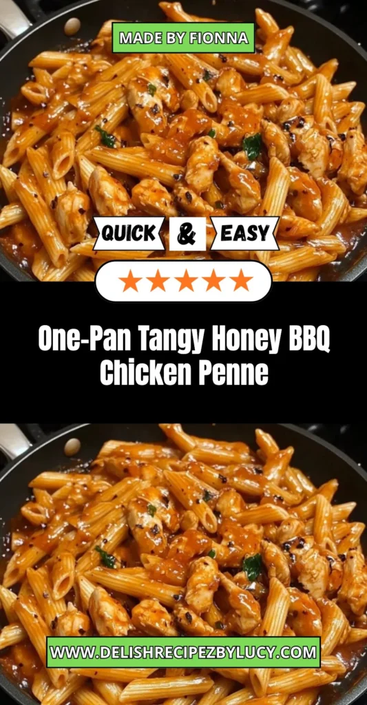 One-Pan Tangy Honey BBQ Chicken Penne dish featuring BBQ chicken and pasta