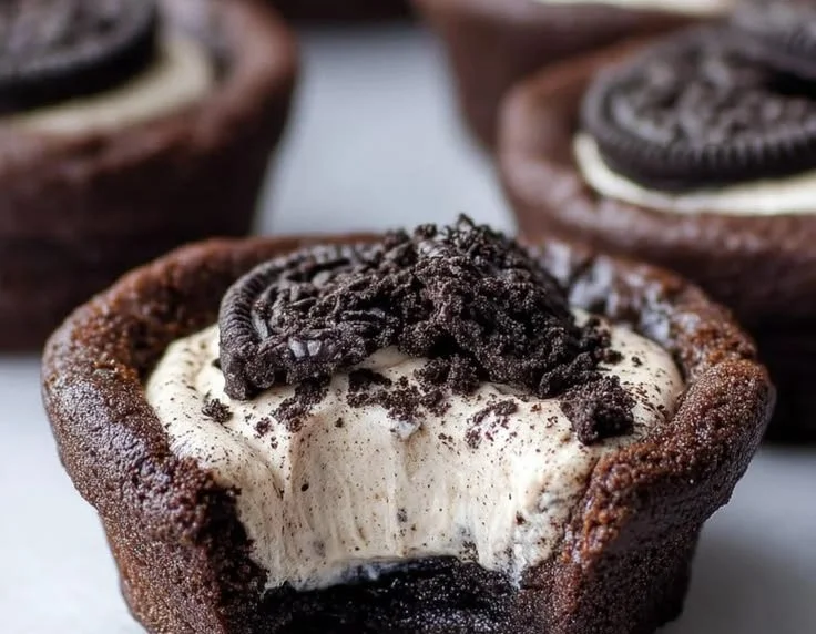 Oreo cheesecake cookie cups topped with crushed Oreos and whipped cream