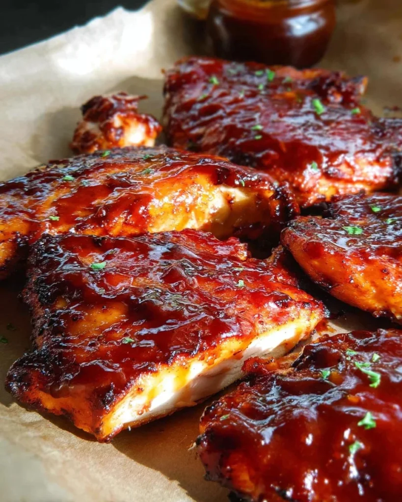 Oven roasted BBQ chicken on a rustic wooden table with herbs and barbecue sauce.