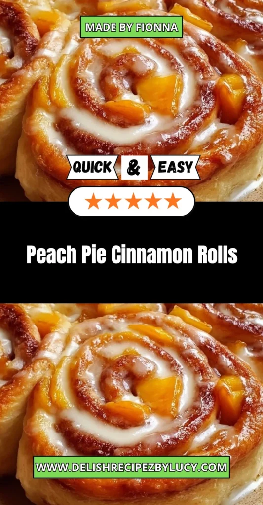 Freshly baked Peach Pie Cinnamon Rolls with peach filling and cinnamon swirl